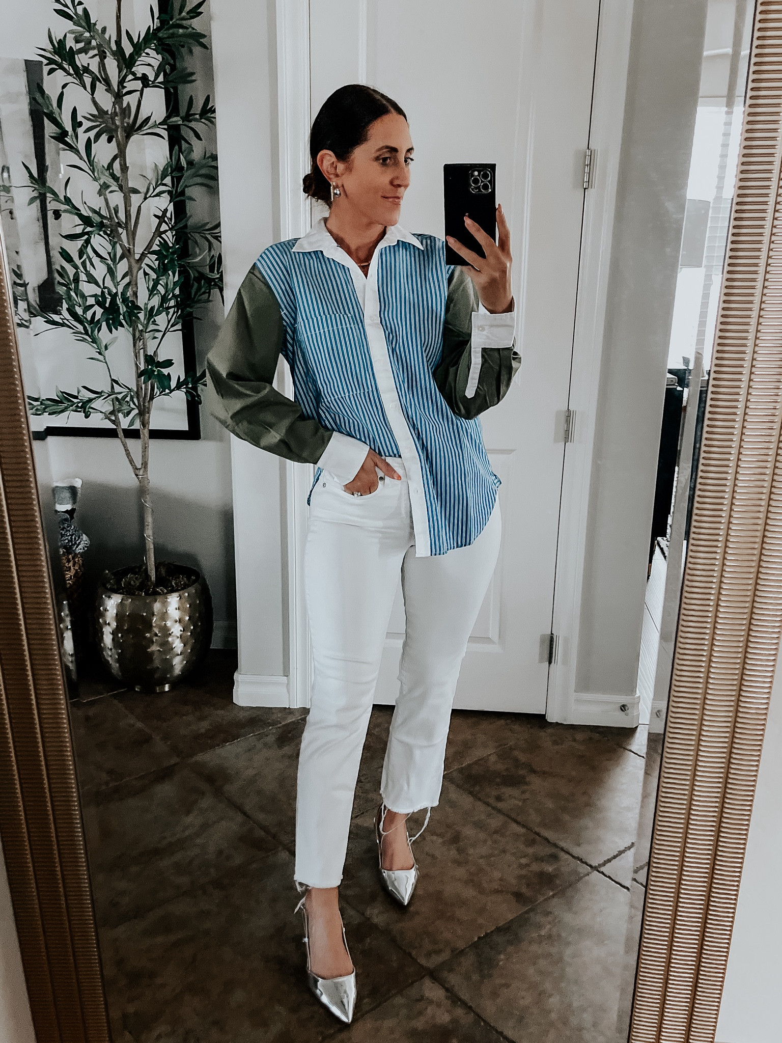 Striped color block button-down blouse (wearing size small) straight leg white jeans (size 6)
Silver kitten heels // chunky hoop earrings 

J.Crew look for less, Gap style, Walmart fashion finds, spring outfit idea 

#LTKfindsunder50 #LTKstyletip #LTKsalealert