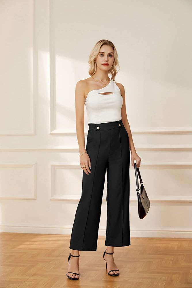 GRACE KARIN Women's Straight Leg Cropped Work Pants Elastic High Waist Wide Leg Business Casual S... | Amazon (US)