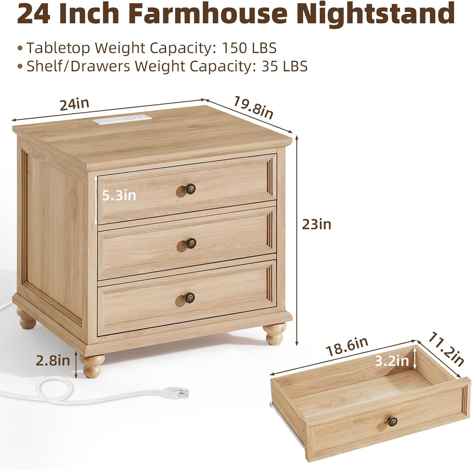 Farmhouse Nightstand with Charging Station, 24" Wide End Table with 3 Drawers,Natural Wood Dresse... | Amazon (US)