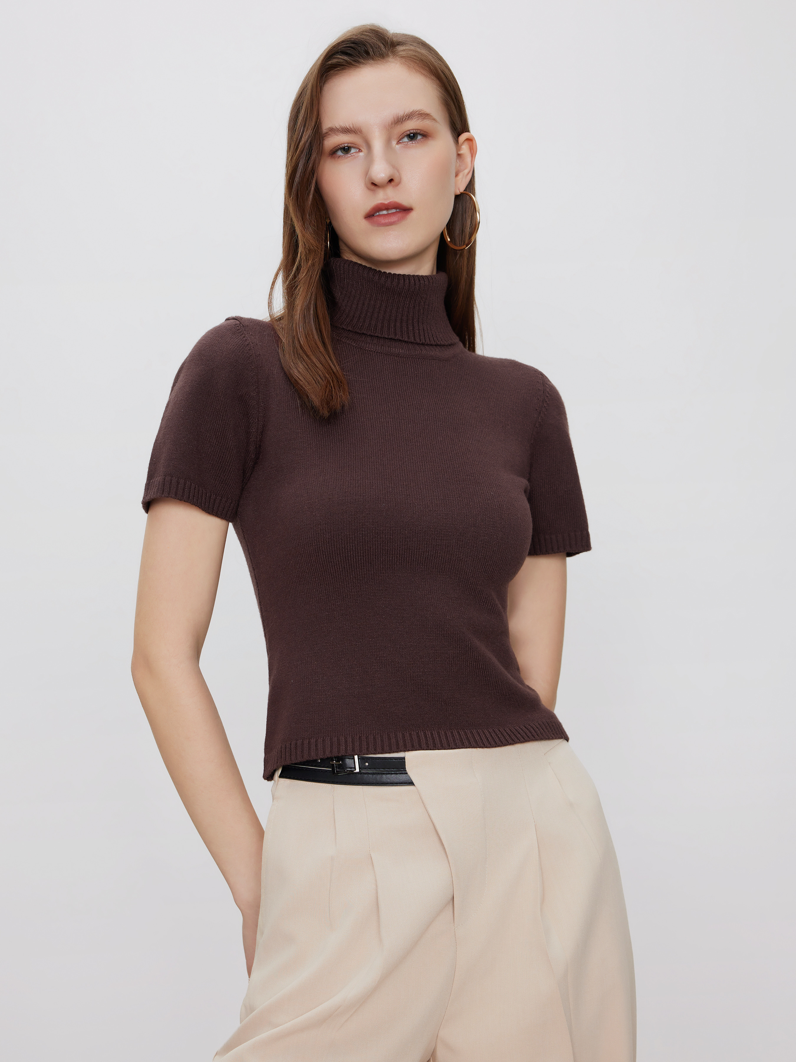 Knit Fabric Solid Turtleneck Knit Top For School Daily Casual Coffee Shop Work Home | Cider