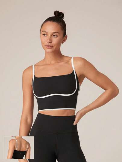 GLOWMODE FeatherFit™ Two-Tone Scoop Neck Longline Sports Bra Low Impact Yoga Daily  Spring Sum... | SHEIN