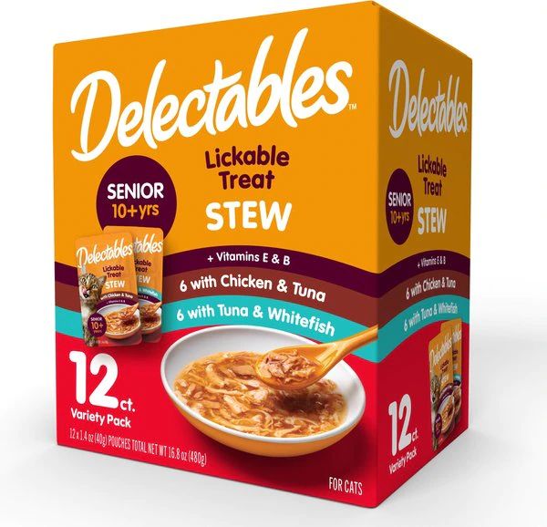 Hartz Delectables Senior Stew Variety Pack Lickable Cat Treats, 1.4-oz pouch, case of 12 | Chewy.com