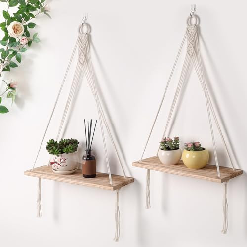 Hanging Shelves for Wall Floating Shelves, Macrame Wall Hanging Shelves, Boho Wall Decor, Farmhouse Rustic Wood Hanging Plant Shelf, Rope Wall Display Shelves for Bedroom, Living Room, Bathroom | Amazon (US)