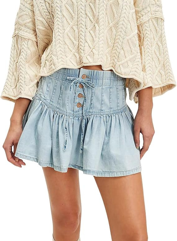utcoco Women's Y2k Trendy Stretch High Waisted Jean Skirt Casual Button-Fly A Line Ruffle Pleated... | Amazon (US)
