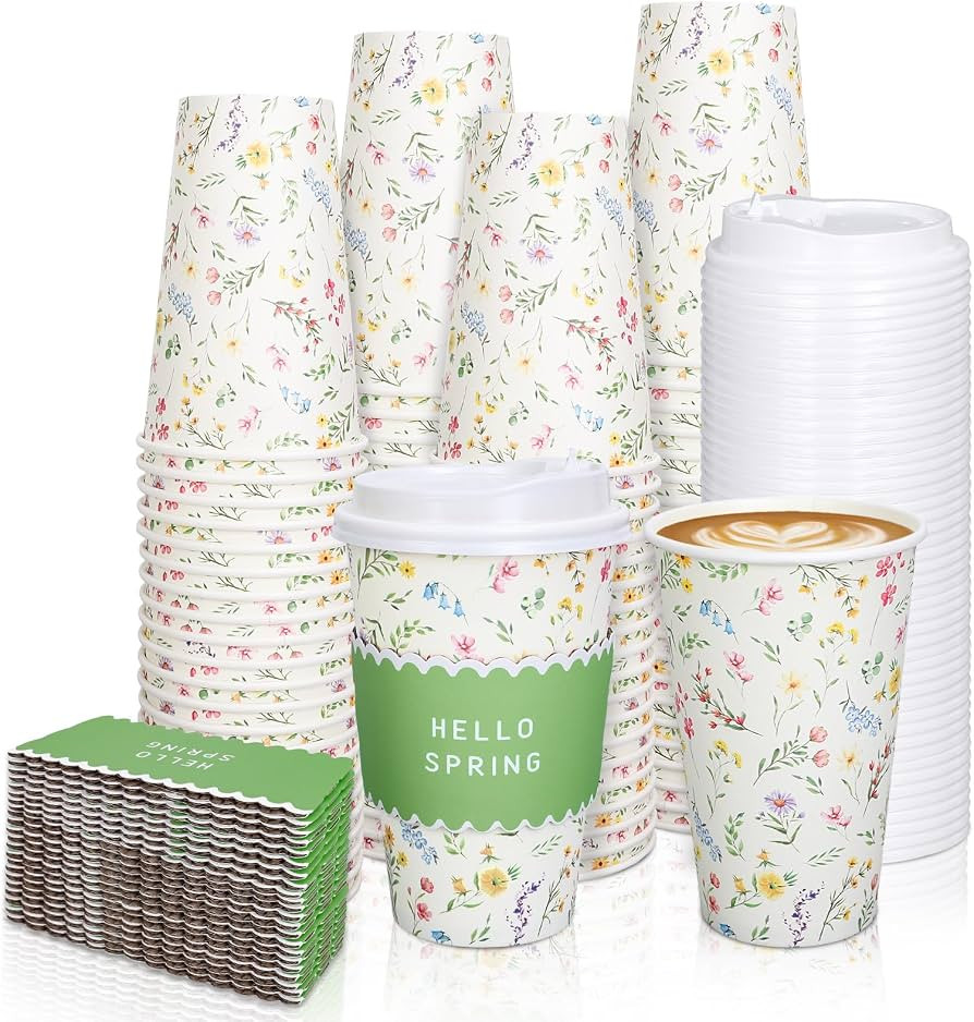 Whaline 50 Pcs Spring Floral Disposable Coffee Cups with Lids and Sleeves 16 Oz Colorful Hello Sp... | Amazon (US)