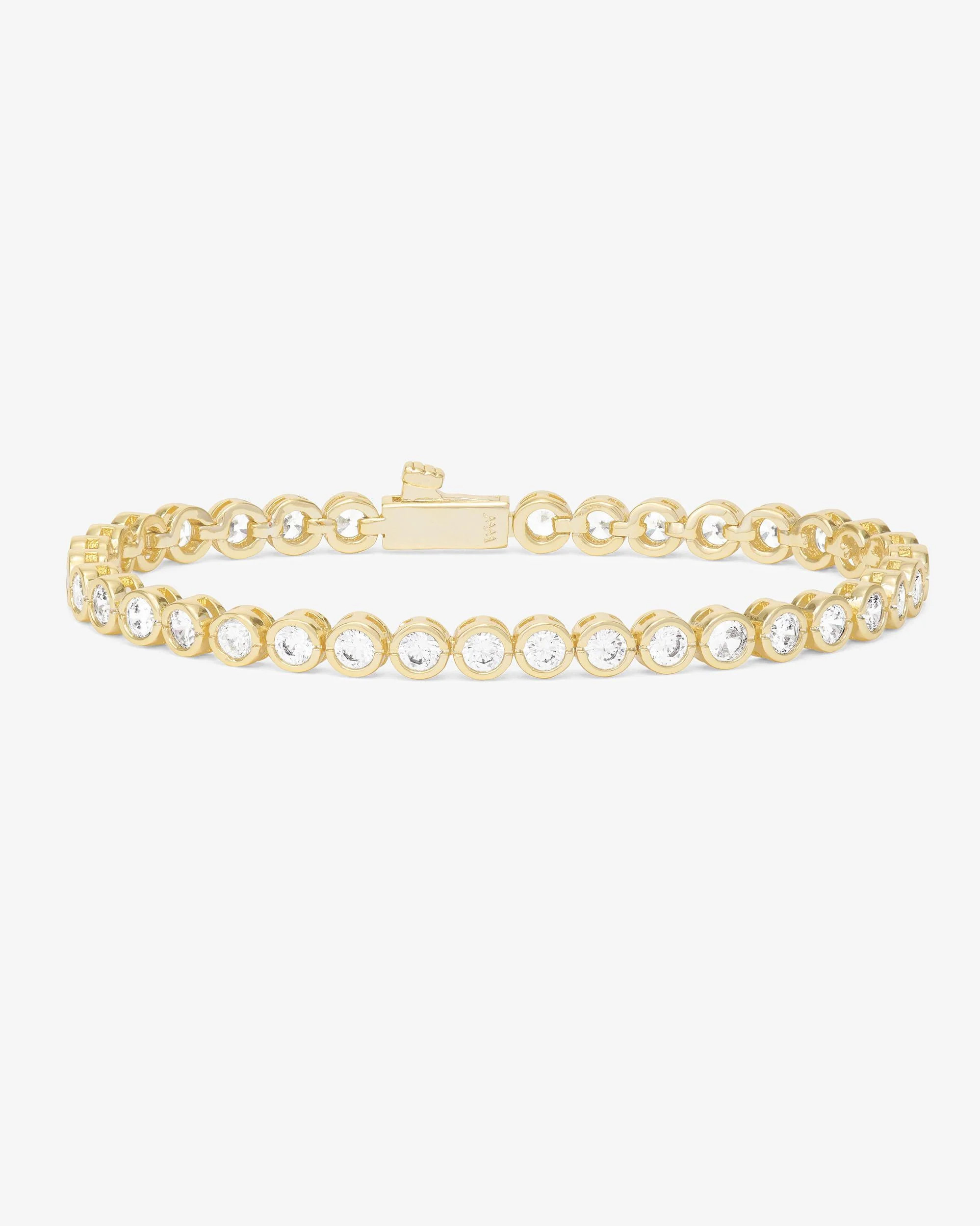 Baroness Gold Bezel Tennis Bracelet | 3mm Simulated Diamonds | Melinda Maria Jewelry