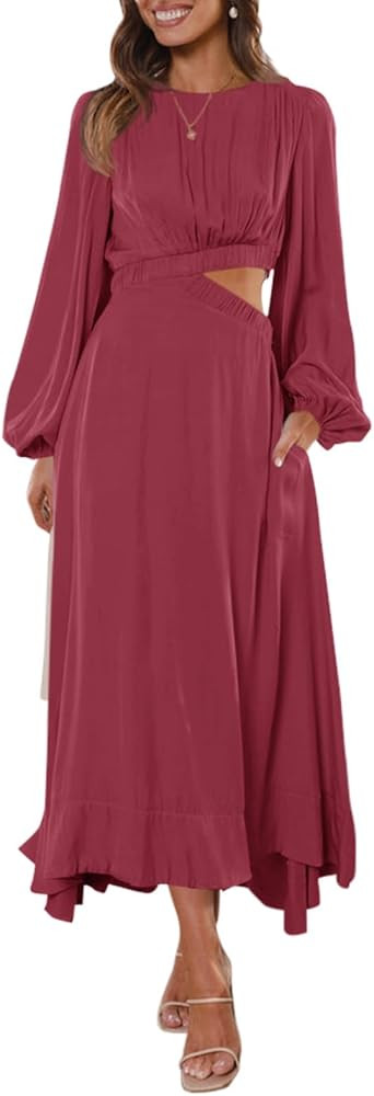 Fisoew Women's Long Sleeve Midi Dress Cutout Elastic High Waist A Line Maxi Party Dress with Pock... | Amazon (US)