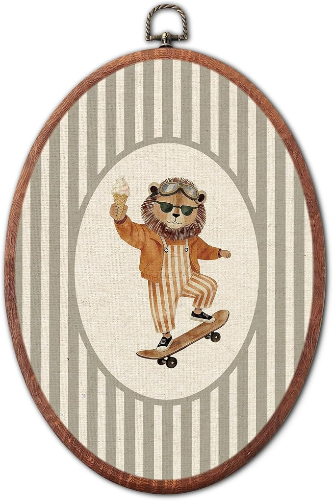 XSTWLJ Vintage Lion Skateboarding Nursery Oval Wall Art, Grey Striped Canvas Prints Framed, Retro... | Amazon (US)