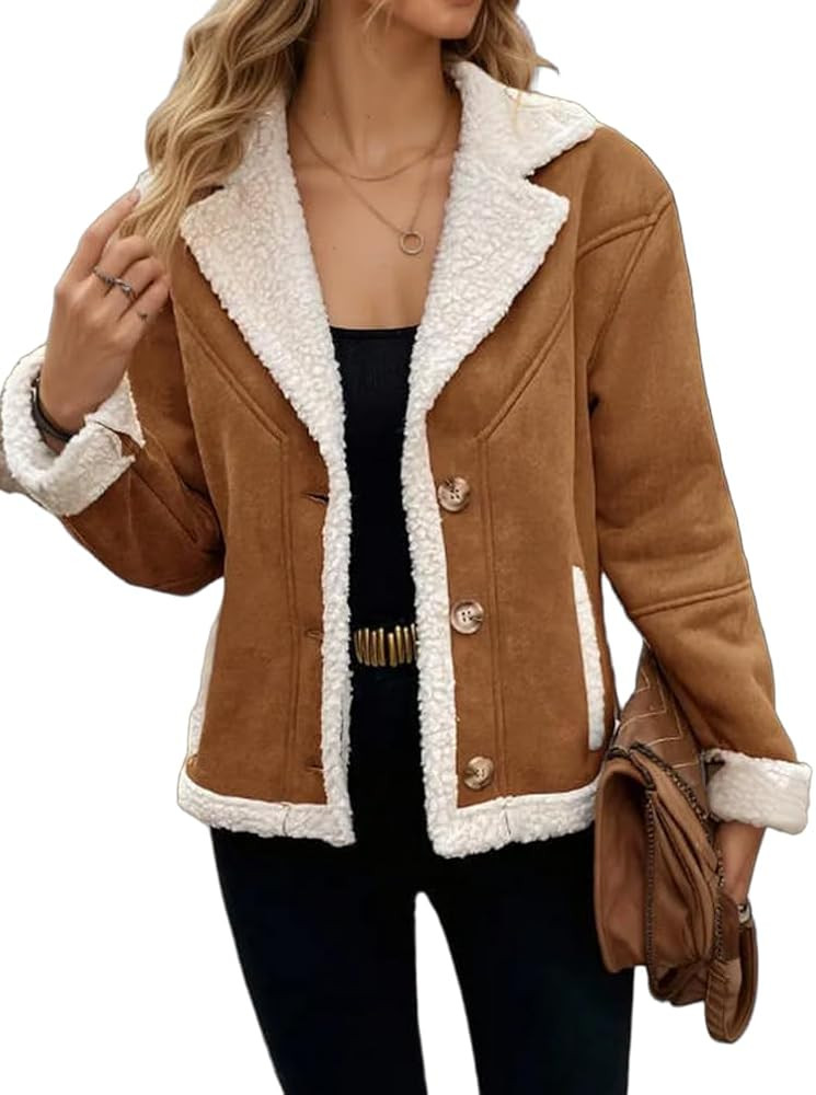 Cropped Faux Suede Jacket Women Fall Winter Fur Leather Peacoat Blazer Fuzzy Fleece Sherpa Lined ... | Amazon (US)