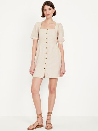Puff-Sleeve Linen-Blend Mini Dress | Old Navy (US)