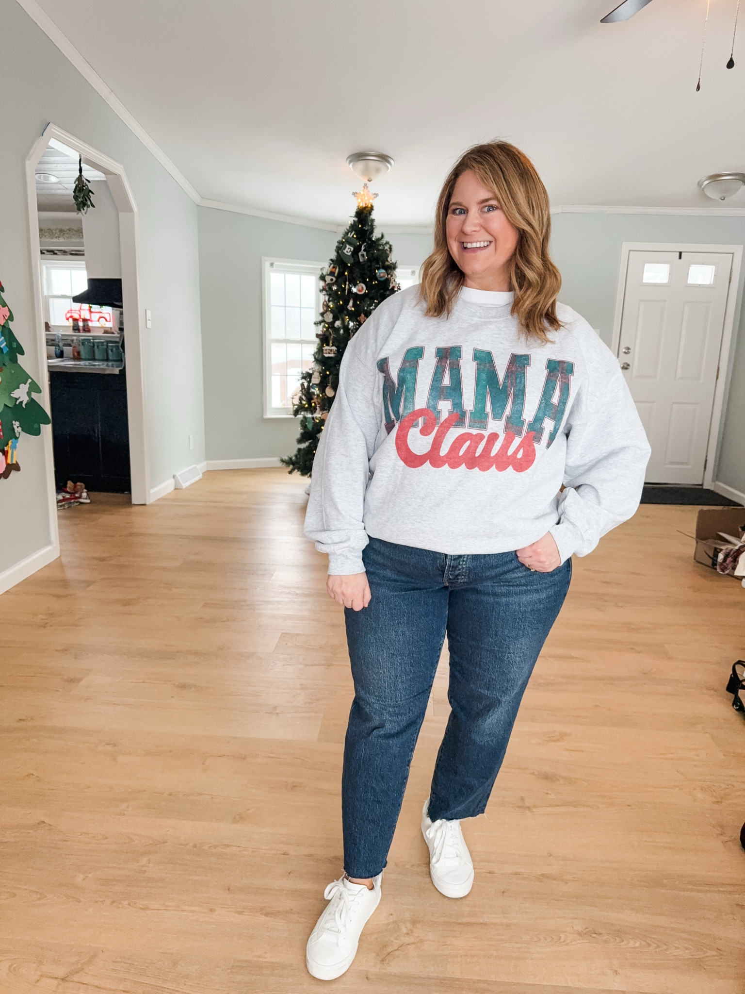 Wearing an XL in my Mountain Moverz sweatshirt (this one runs smaller than some of my other Mountain Moverz sweatshirts) and an XL in my white tee. My jeans are a 14 petite. 

Use code STEPHSHARES20 to save $$ at Mountain Moverz! 

#LTKMidsize #LTKHoliday #LTKSeasonal