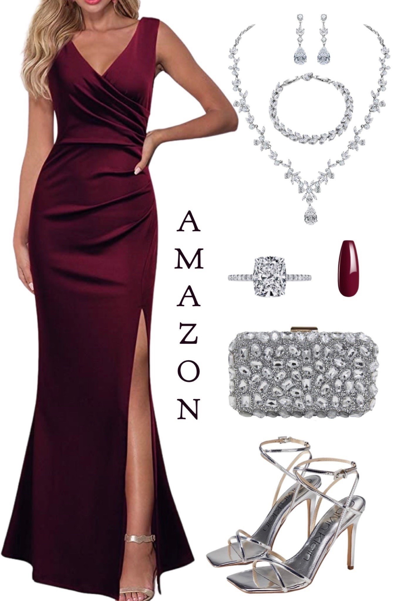 Formal wedding guest outfit idea in burgundy and silver from Amazon. Everything under $100 each. 

#LTKFindsUnder100 #LTKWedding #LTKSeasonal