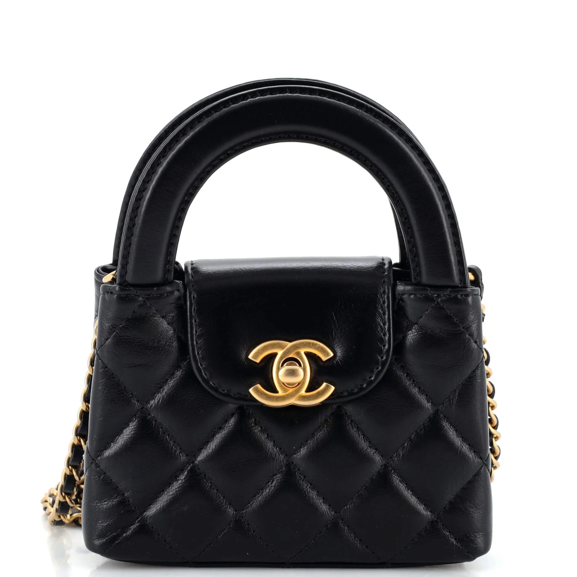 Kelly Top Handle Clutch with Chain Quilted Shiny Aged Calfskin | Shop Simon