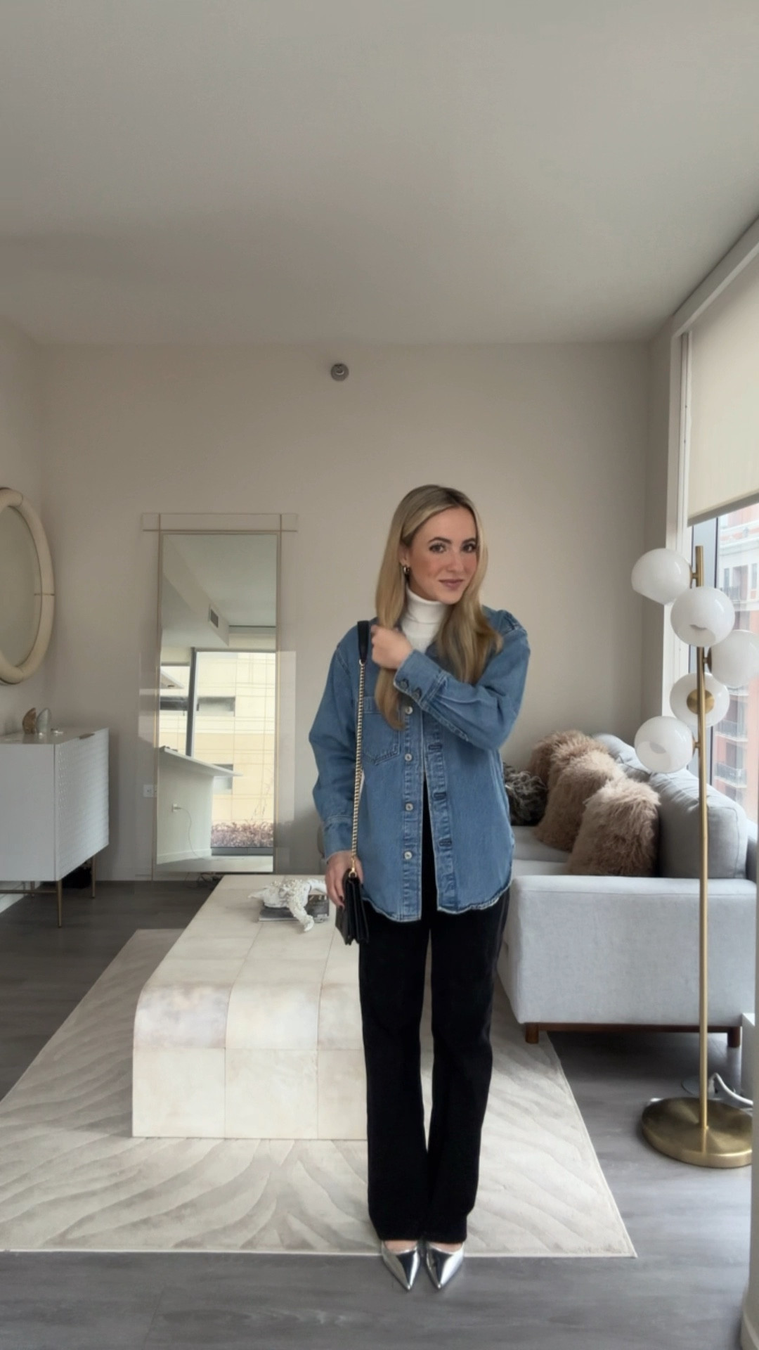 meetings & lunch look today- daily outfit Chicago 


Black jeans denim, revolve outfit, denim shirt, silver pumps heels, metallic slingback shoes, Prada, white turtleneck basics, dinner outfit

#LTKItBag #LTKWatchNow #LTKShoeCrush