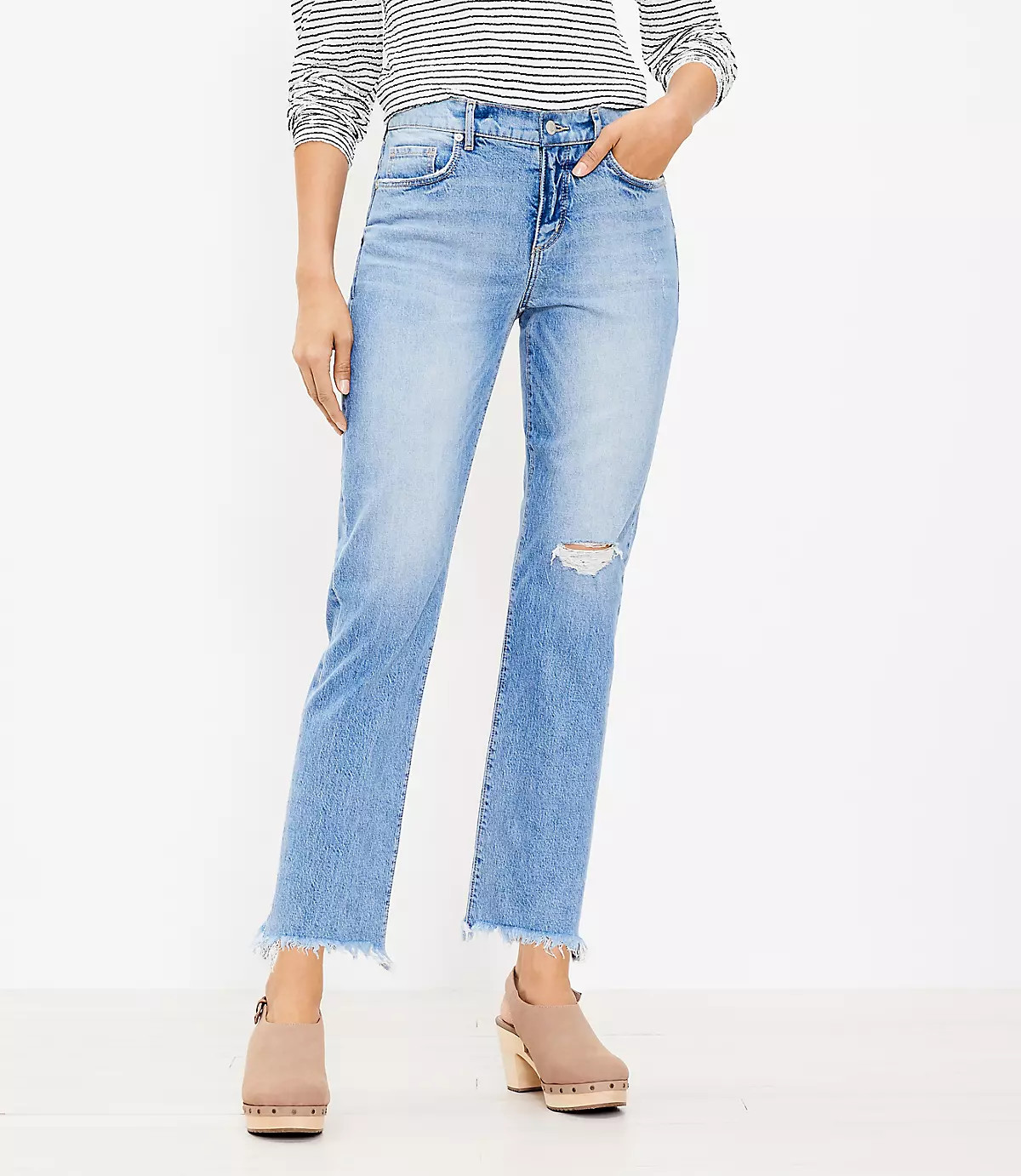 Curvy Frayed Mid Rise Straight Crop Jeans in Staple Dark Indigo Wash | LOFT | LOFT