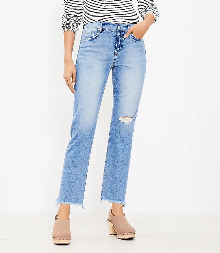 Curvy Frayed Mid Rise Straight Crop Jeans in Staple Dark Indigo Wash | LOFT | LOFT