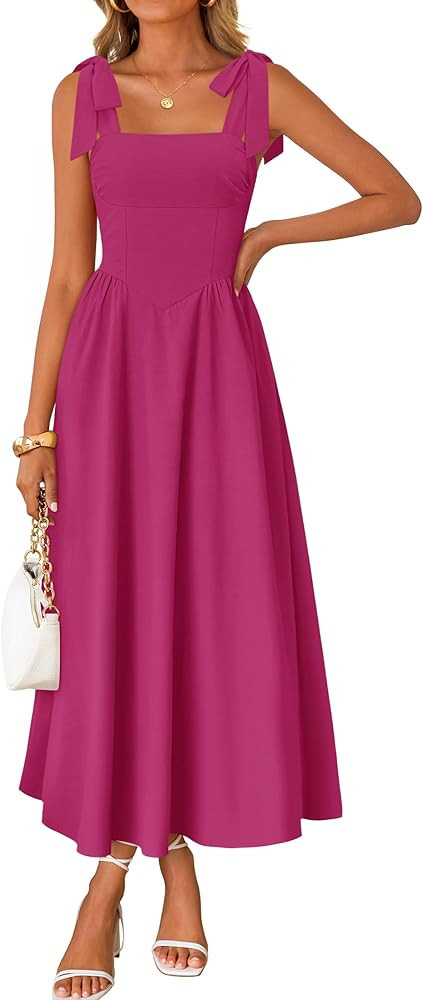 ZESICA Women's Summer Spaghetti Strap Maxi Dress 2026 Tie Shoulder Square Neck Flowy Wedding Gues... | Amazon (US)