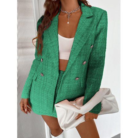 Elegant 1pc Double Button Tweed Blazer Green XS(2) | Walmart (US)