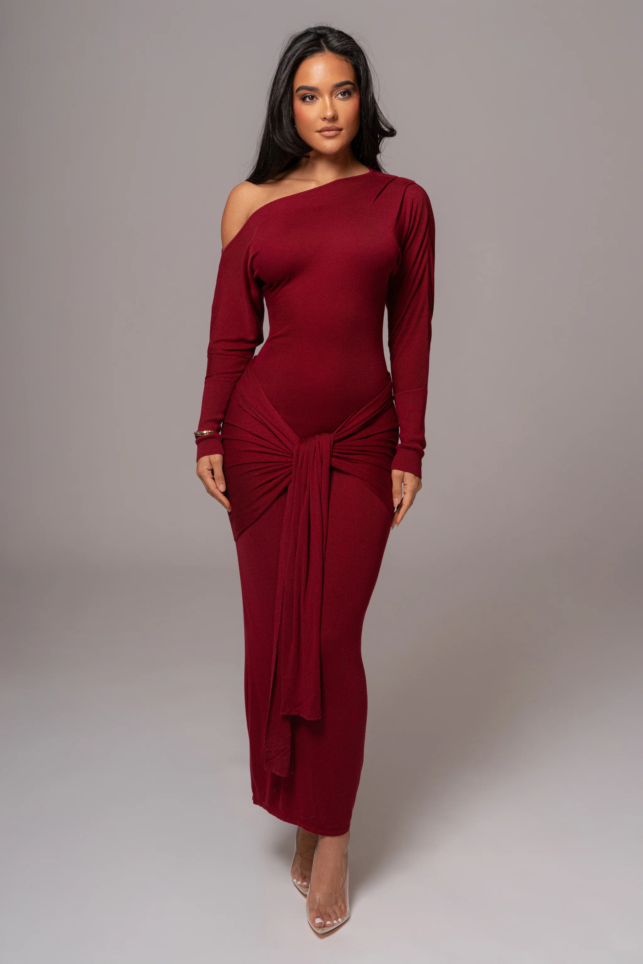 Burgundy Dawn Drape Maxi Dress | JLUXLABEL