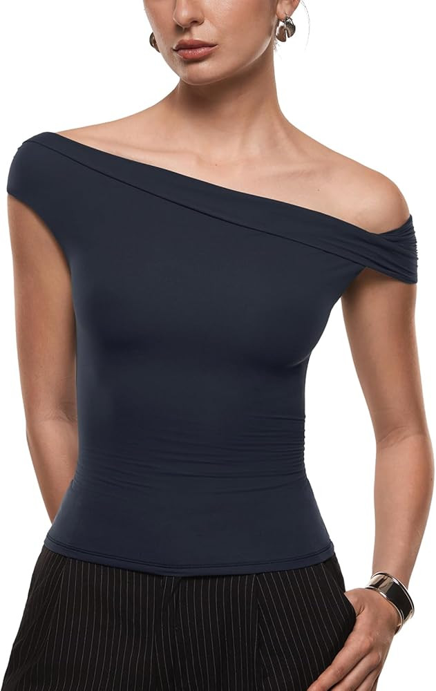 INLYRIC Women's Inbarely Soft Off The Shoulder Tops Versatile Going Out Trendy Shirts Y2K Spring ... | Amazon (US)