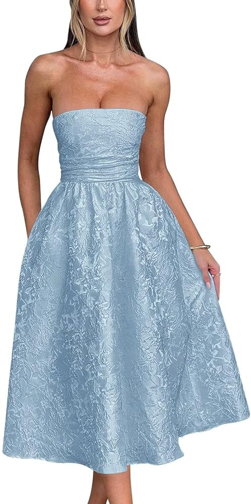 Basgute Floral Jacquard Satin Tea Length Prom Dresses for Women A Line Strapless Midi Corset Form... | Amazon (US)