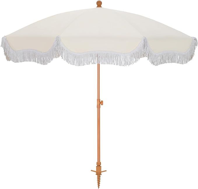 HERA'S PALACE 7ft Heavy Duty Beach Umbrella with Sand Anchor, Fringe Umbrella for Sand, UV 50+, P... | Amazon (US)