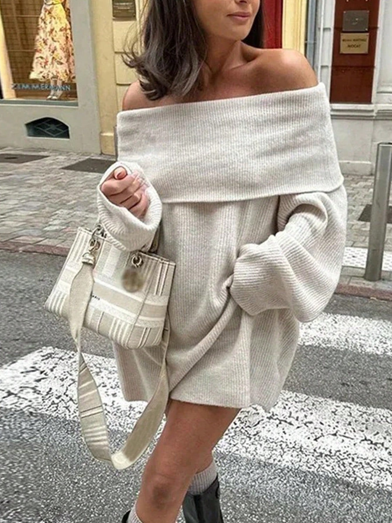 SHEIN EZwear Women's Off-Shoulder Lantern Sleeve Loose Straight Casual Sweater Dress, Autumn/Wint... | SHEIN