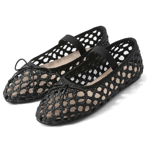 AMINUGAL Black Raffia Ballet Flats Shoes for Women Dressy Comfortable Woven Straw Women's Flats with Elastic Strap Mesh Flats Bows Raffia Mary Jane Flats Women Ballerina Flats for Women Size 9.5 | Amazon (US)