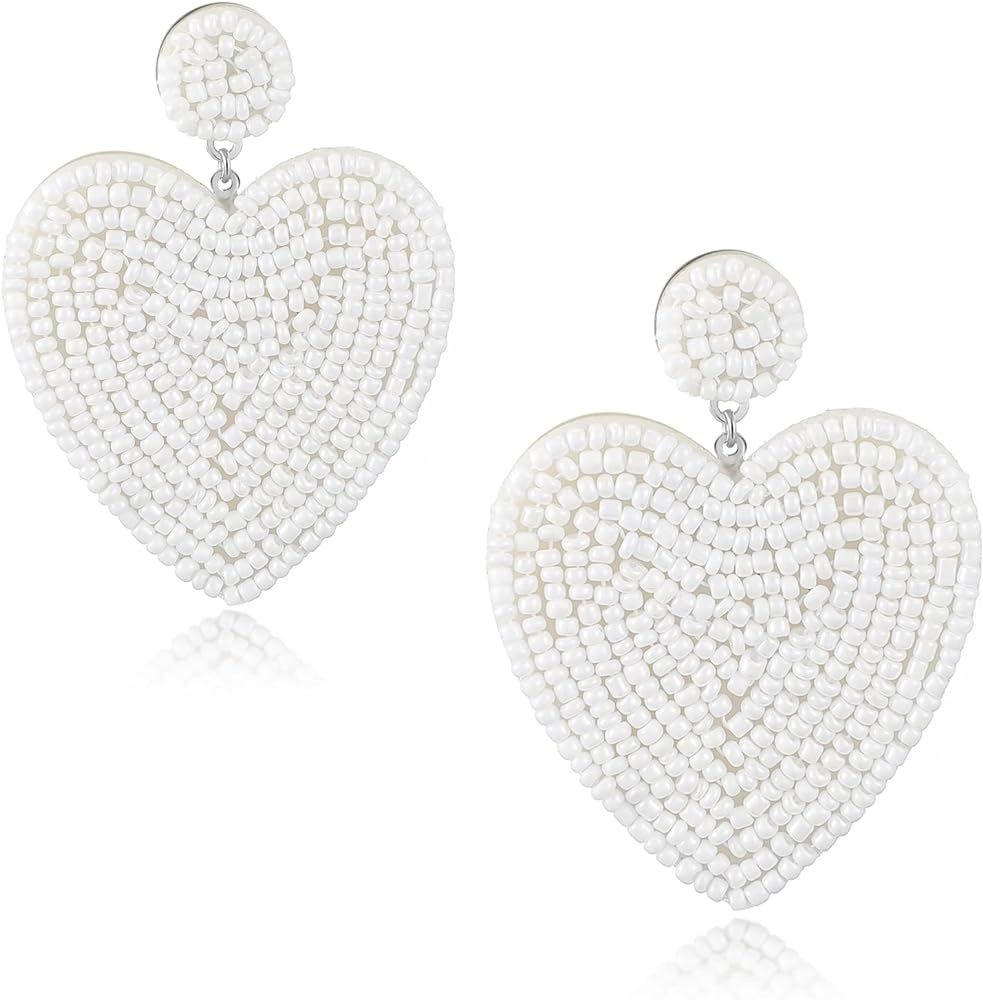 Statement Beaded Heart Earring Y2K Style Hand-craft Monochrome Seed Beads Bold Heart Pendant Earr... | Amazon (US)