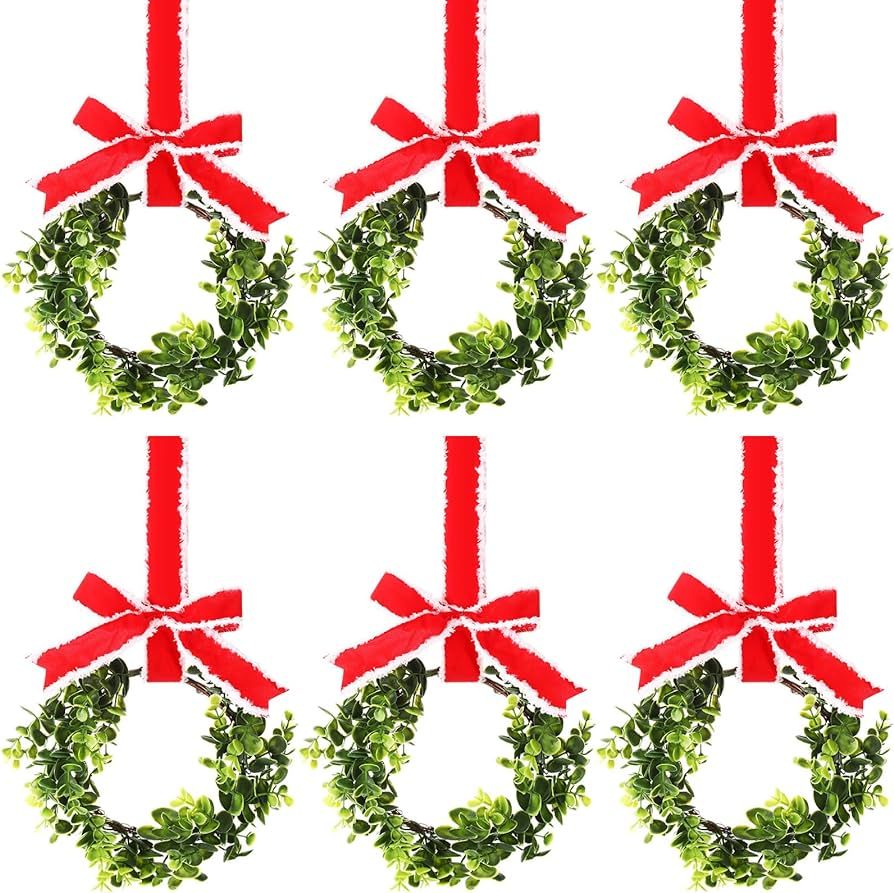 6 Pcs Christmas Kitchen Cabinet Wreaths Decorative Boxwood Wreaths with Ribbon Artificial Greener... | Amazon (US)