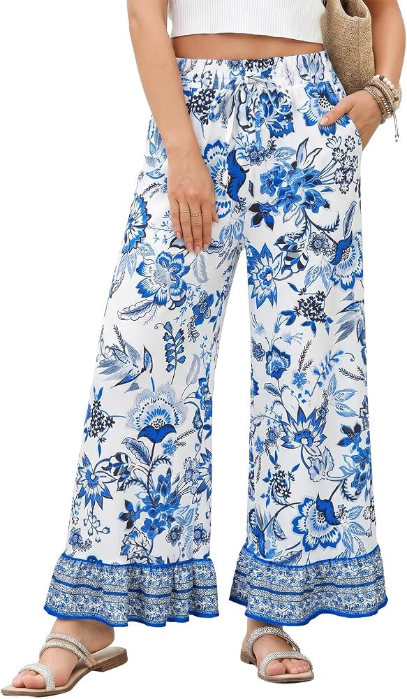 EVALESS Womens Wide Leg Ruffle Hem Palazzo Pants with Pockets | Amazon (US)