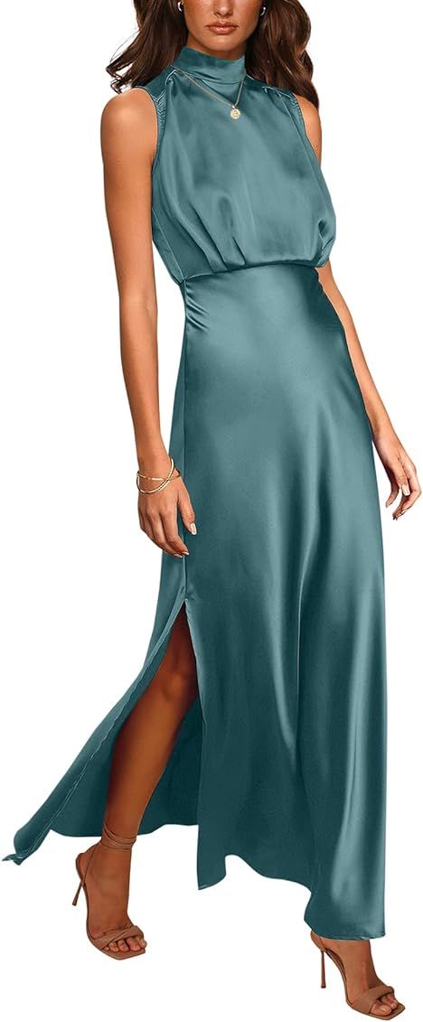 PRETTYGARDEN Women's Summer Long Formal Satin Dress Mock Neck Sleeveless Side Slit Flowy Maxi Tan... | Amazon (US)
