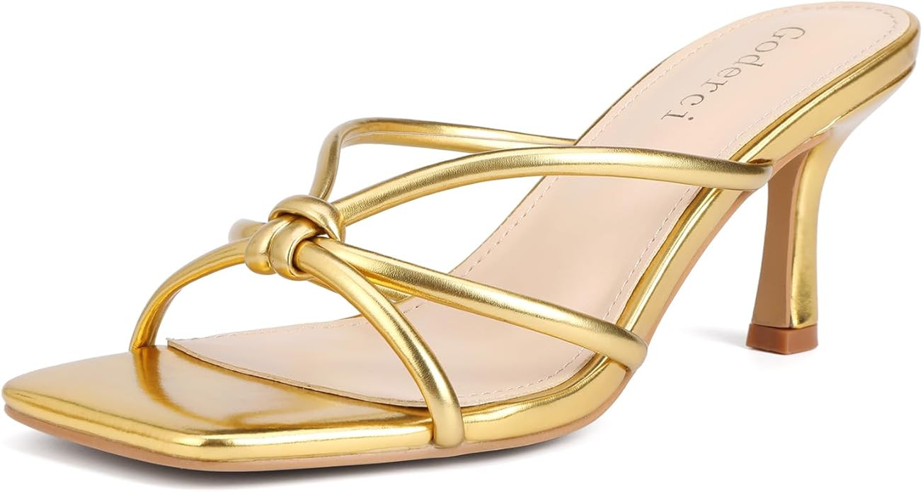 Kitten Strappy Heels for Women Knotted Square Open Toe Slip On Mule Heels Mid Heeled Sandals | Amazon (US)