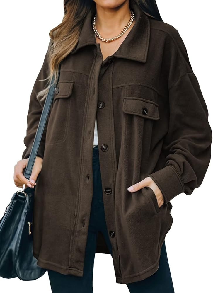 FARYSAYS Womens Button Down Shirts Shacket Jackets Mid Length Trench Pea Coat | Amazon (US)