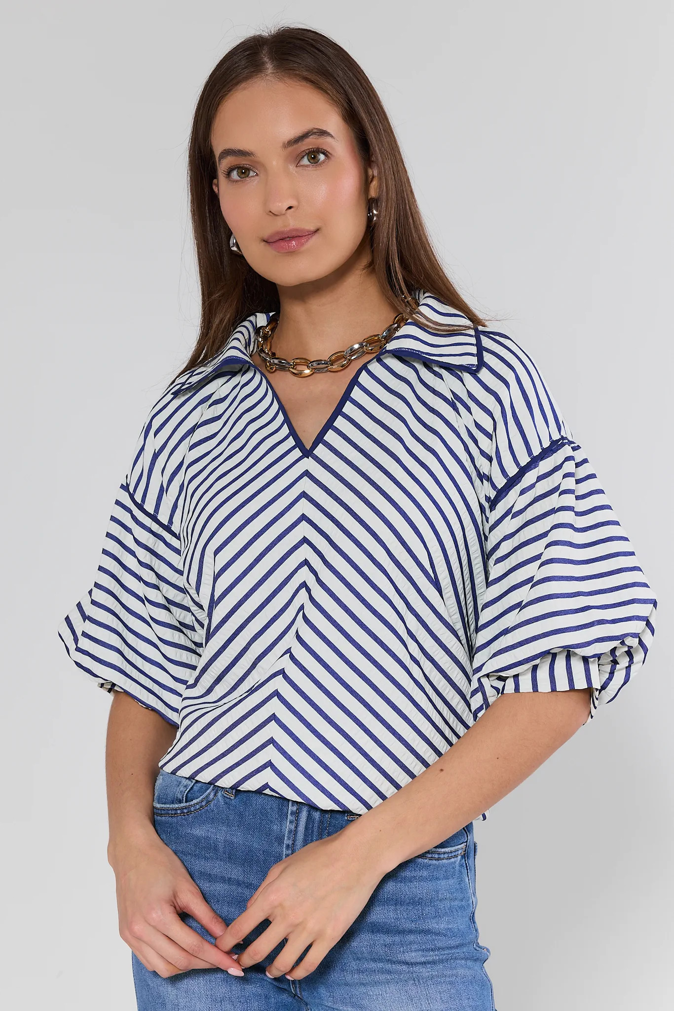 Katherine Navy Striped Puff Sleeve Top | Avara