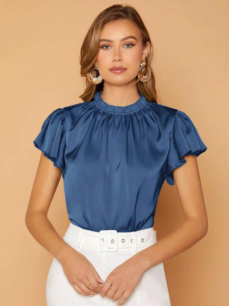 SHEIN Privé Frill Neck Butterfly Sleeve Satin Top | SHEIN