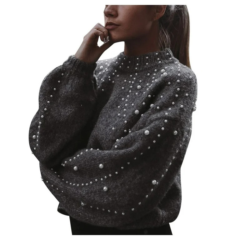 TUWABEII Knitted Sweaters for Women,Winter Gray Long Sleeve Pearl Sweater Blouse | Walmart (US)