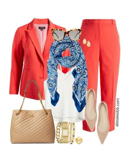 Plus Size Spring Work Capsule 2024 - Part 2 - Plus size hot coral suiting with a white blouse and printed scarf. Alexa Webb #plussize

#LTKplussize #LTKSeasonal #LTKworkwear