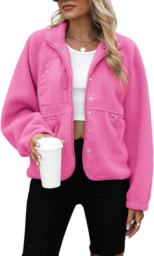 Yanekop Womens Fleece Jacket Fuzzy Long Sleeve Short Winter Coats Button Down Sherpa Jacket Outer... | Amazon (US)