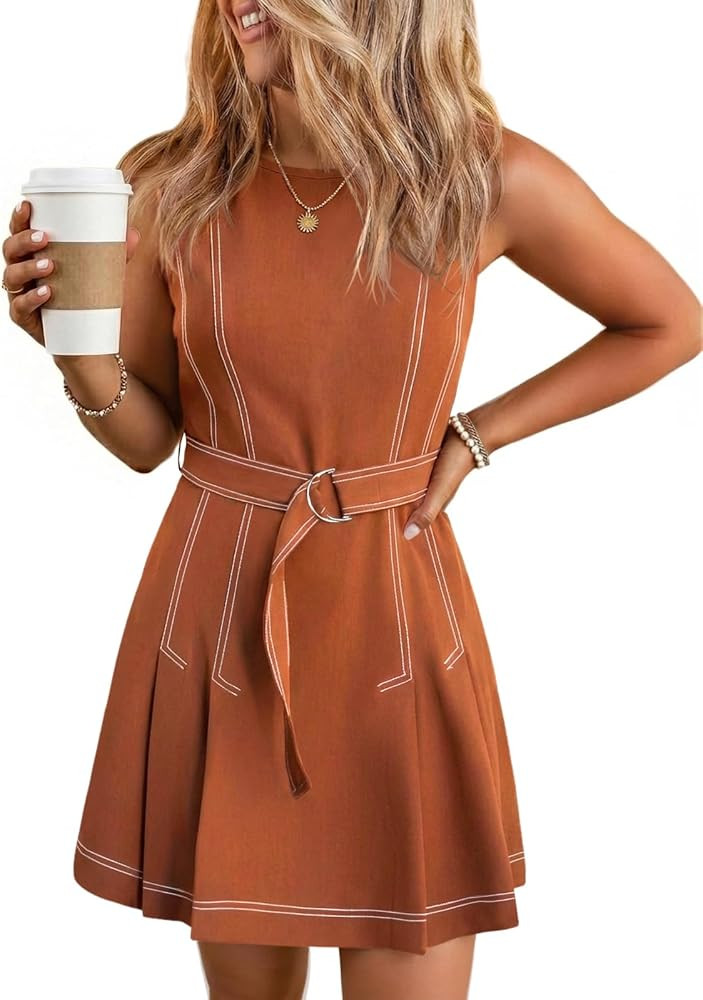 Wenrine Womens Summer Sleeveless Mini Dress Casual Crewneck Tie Waist A Line Trendy Tank Dresses ... | Amazon (US)