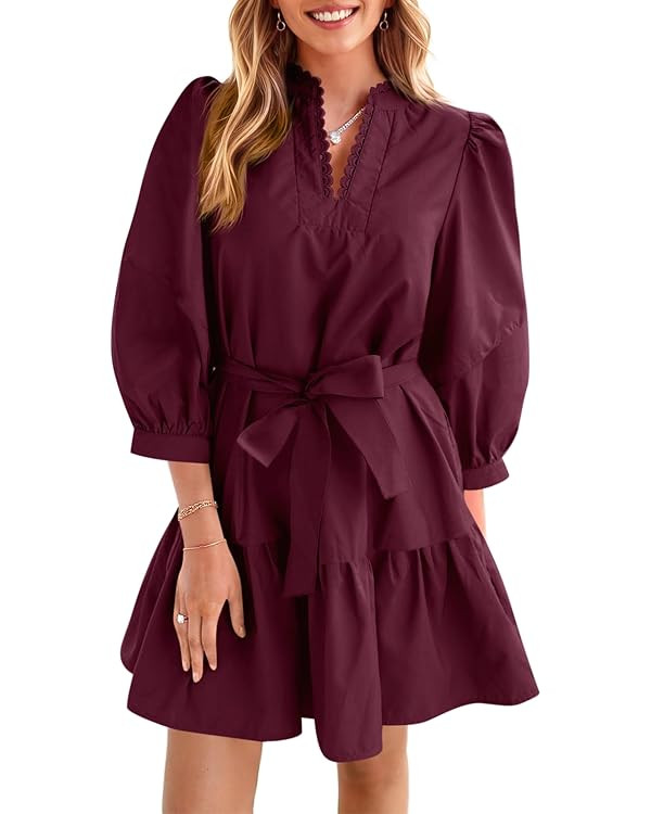 Cicy Bell Womens Puff 3/4 Sleeve Mini Dresses Bow Tie Waist V Neck Casual Trendy Ruffle Tiered Sh... | Amazon (US)