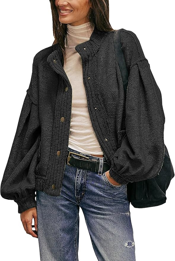 Cardigan Jacket for Women Loose Fit Ribbed Knit Trim Casual Jacket Shacket with Pockets | Amazon (US)
