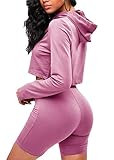 Sofkiny Women's Two-Piece Hoodie Crop Top with Biker Shorts Set Long Sleeve Drawstring Tracksuits Da | Amazon (US)