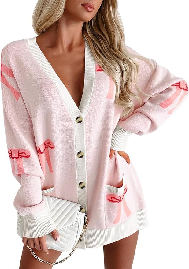 Saodimallsu Womens Oversized Cardigan Sweaters Bow Printed Button V Neck Long Sleeve Loose Knit F... | Amazon (US)