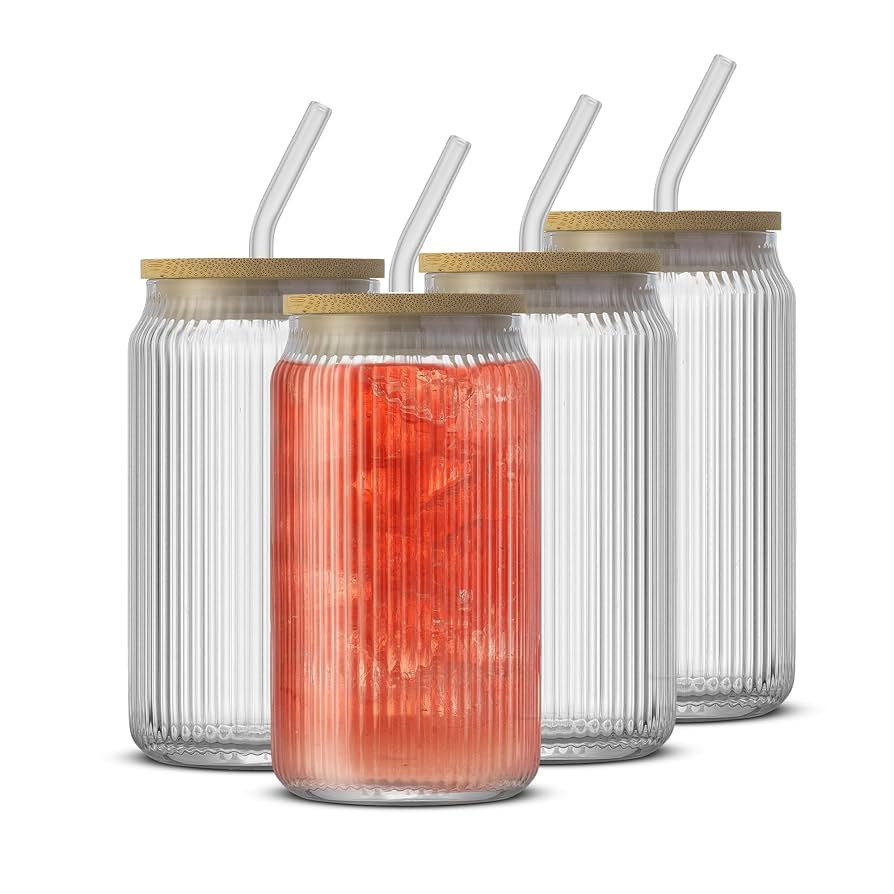 JoyJolt Fluted Glass Tumblers with Bamboo Lids and Glass Straws, Ribbed Can Shaped Drinking Glass... | Amazon (US)