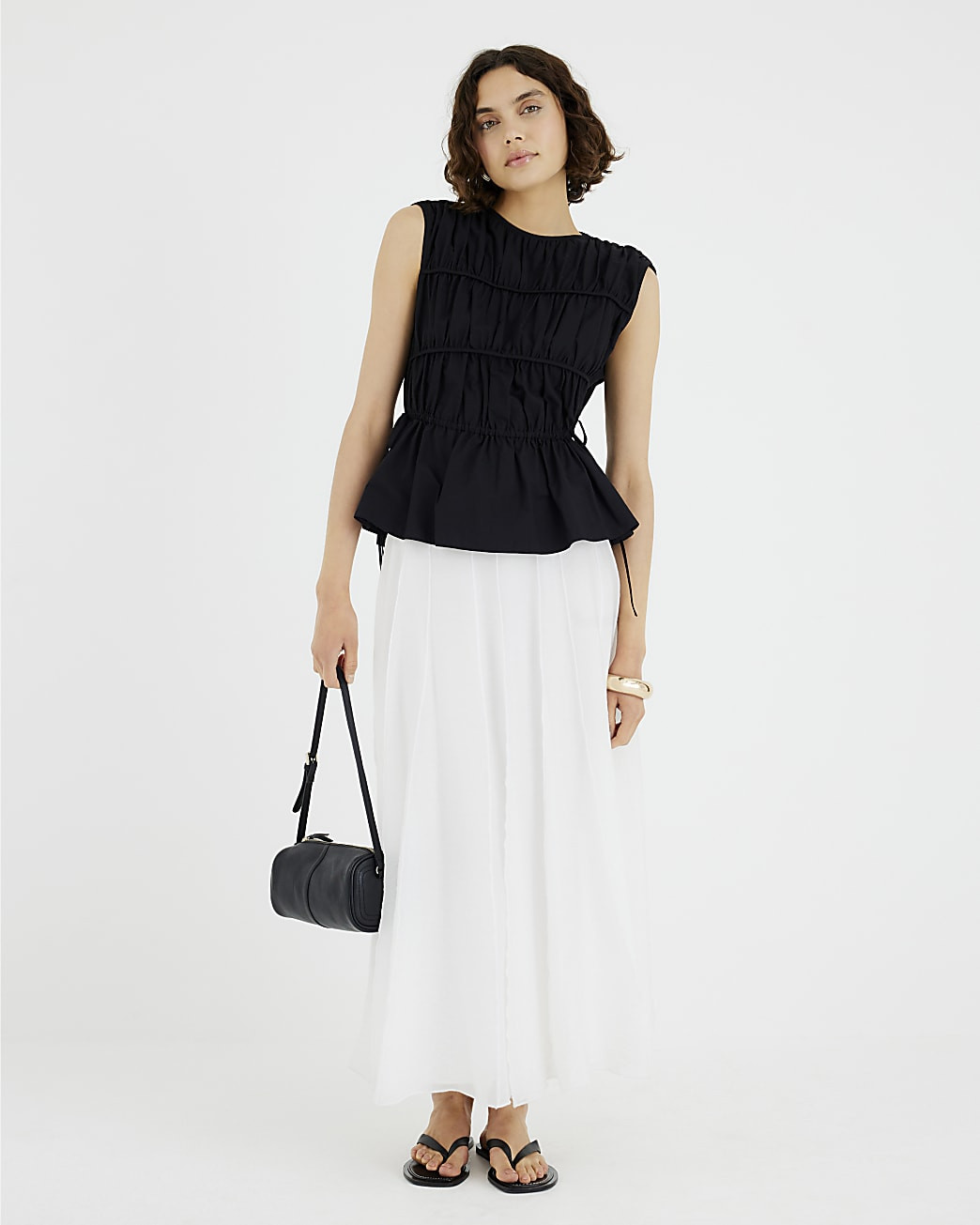 Black Drawstring Tiered Detail Peplum Top | River Island UK & IE