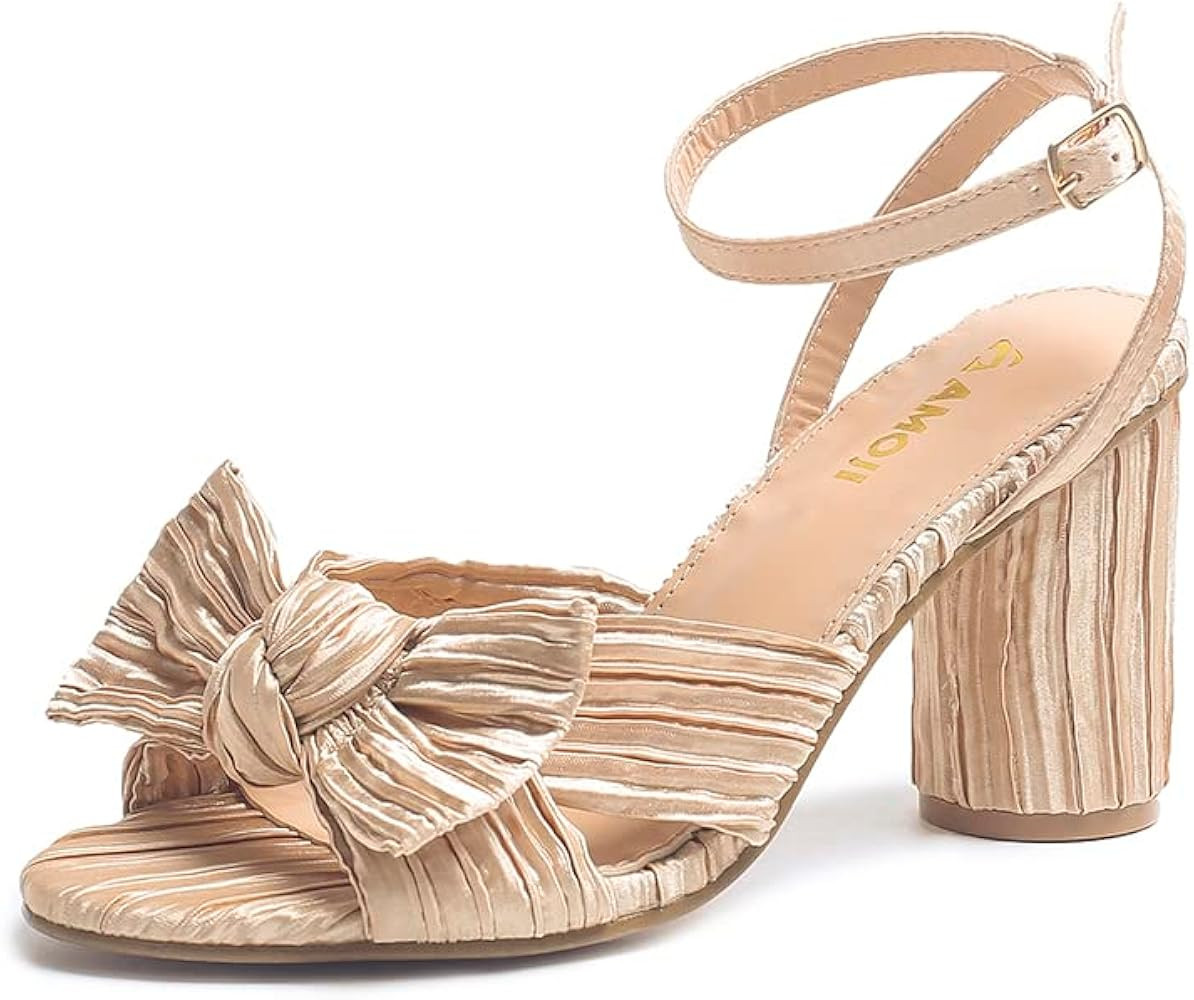 Amoji Women's Satin Block Heeled 3 Inch-4 Inch Sandal Bowknot Pleated Ankle Strap for Wedding Par... | Amazon (US)