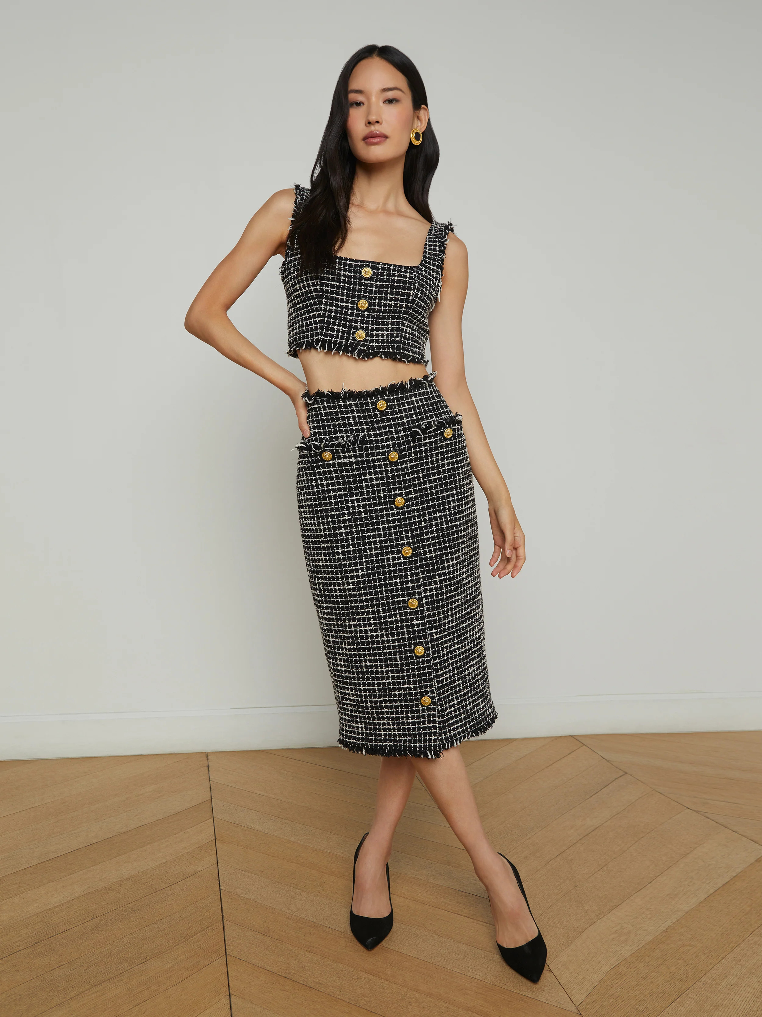 L'AGENCE - Tai Tweed Midi Skirt in Black/Ecru | L'Agence