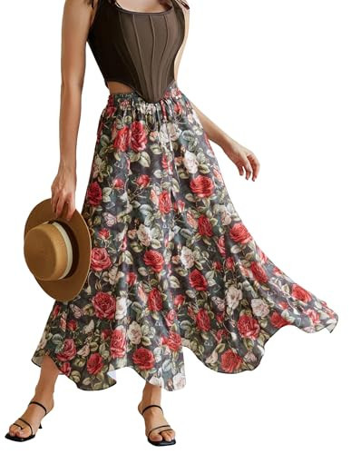 Maxi Skirt Summer 2025 Floral Skirt A Line Flowy Skirts for Women Black S | Amazon (US)