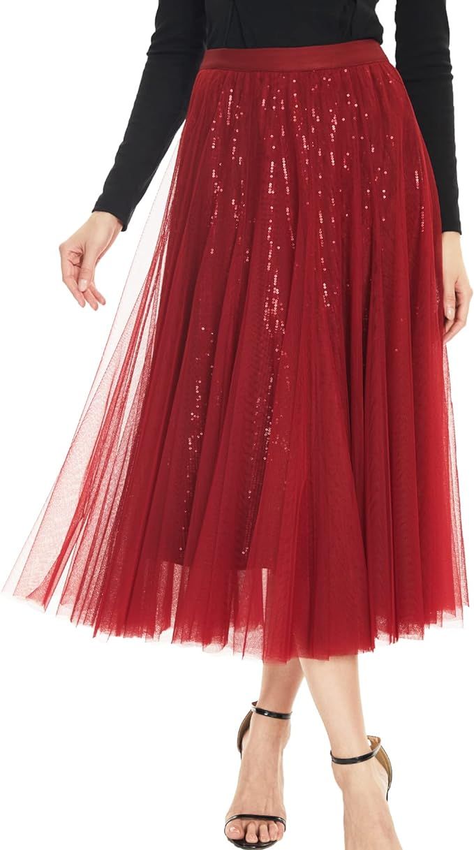 Dwirapal Sequin Long Tulle Skirt Layered Flowy Fairy Sparkle Party Mesh Tea Length Big Hem Skirts... | Amazon (US)